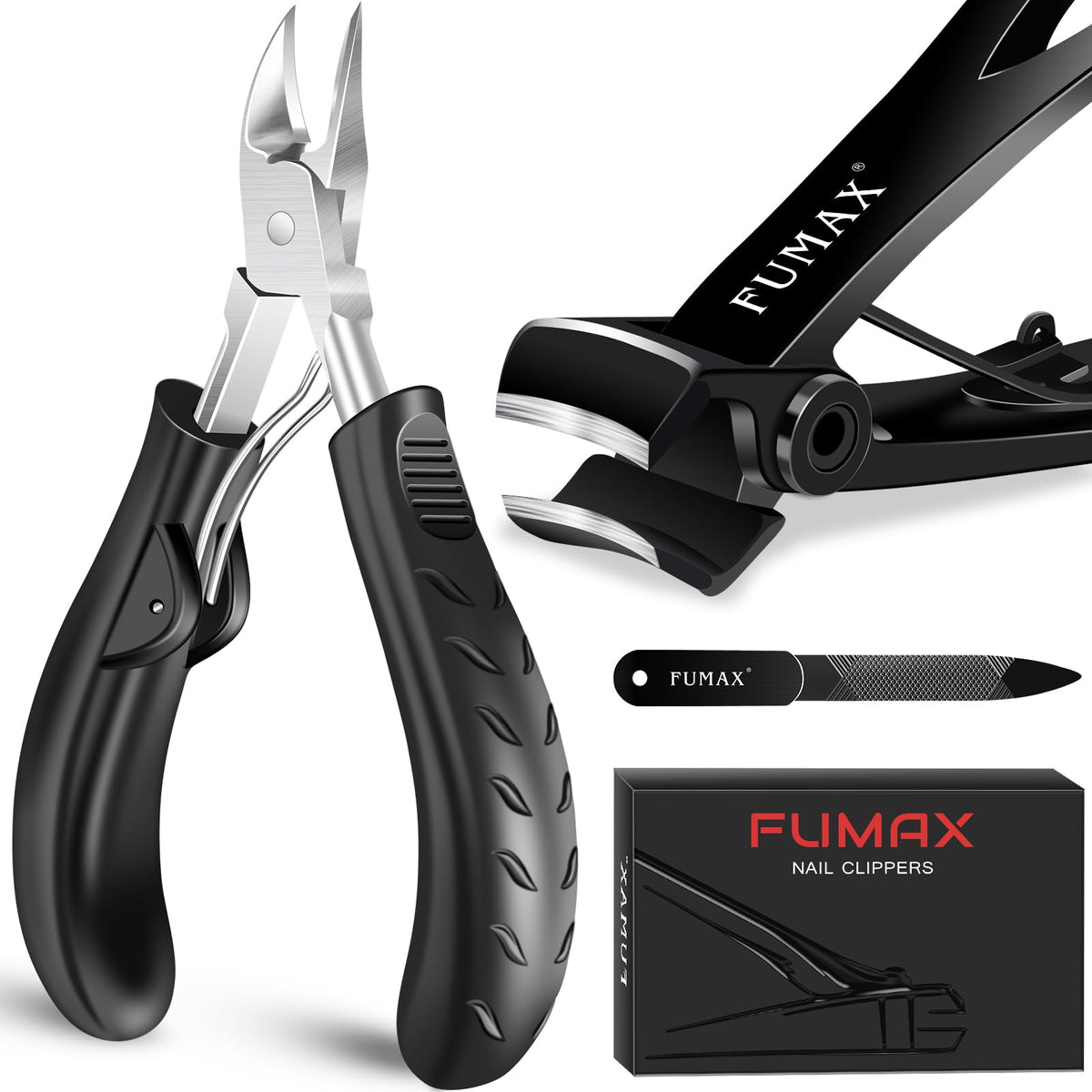 FUMAX toenail clippers with wide opening for thick nails, enabling smooth trimming