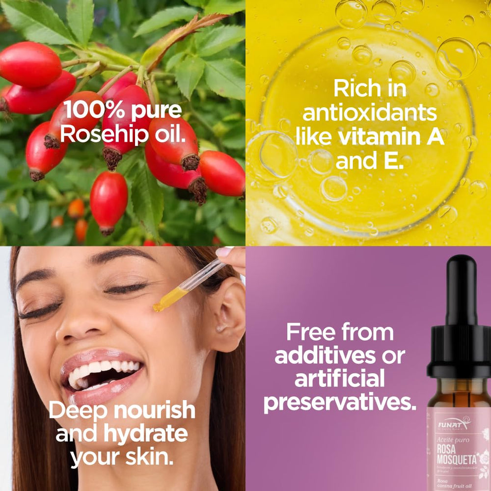 FUNAT Rosehip Oil dropper-pour detail highlights lightweight, fast-absorbing use.