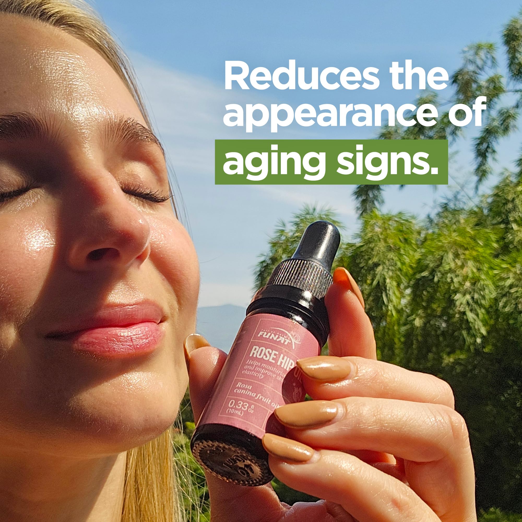 FUNAT Rosehip Oil for hair care and scalp shine.