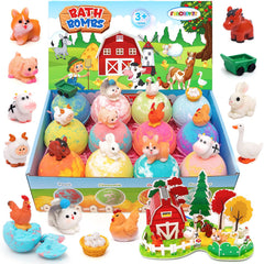 Funcrevity bath bombs with toy inside featuring farm animals for kids' play.