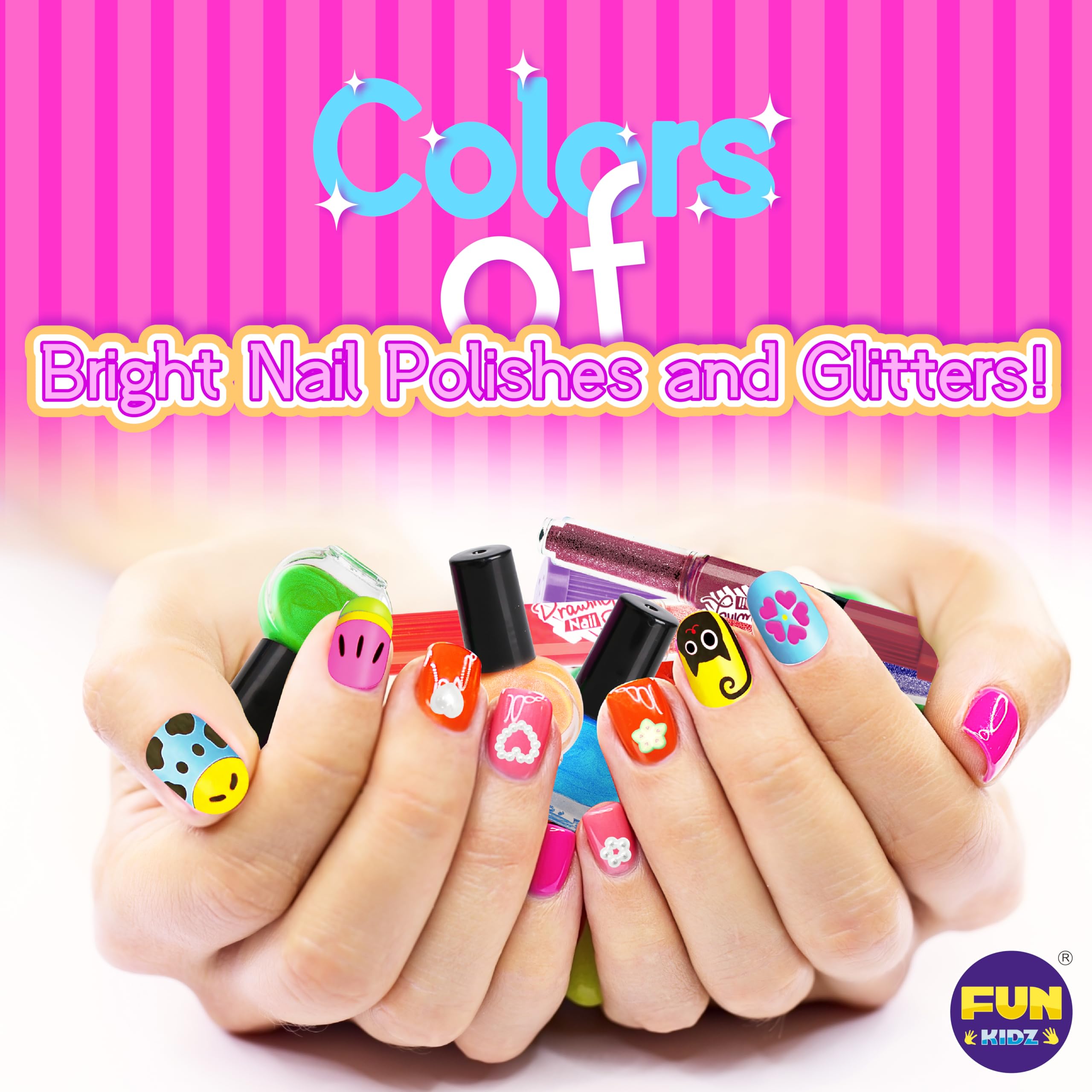 FUN KIDZ 3-in-1 Nail Polish Pens offering brush, nib, and dotting for designs.