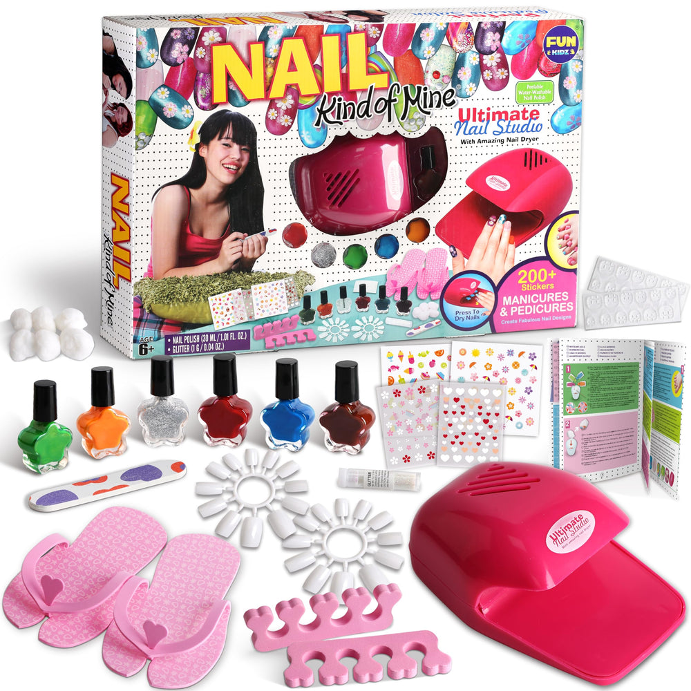 FUN KIDZ Nail Art Kit packaging shows full contents for easy setup and play