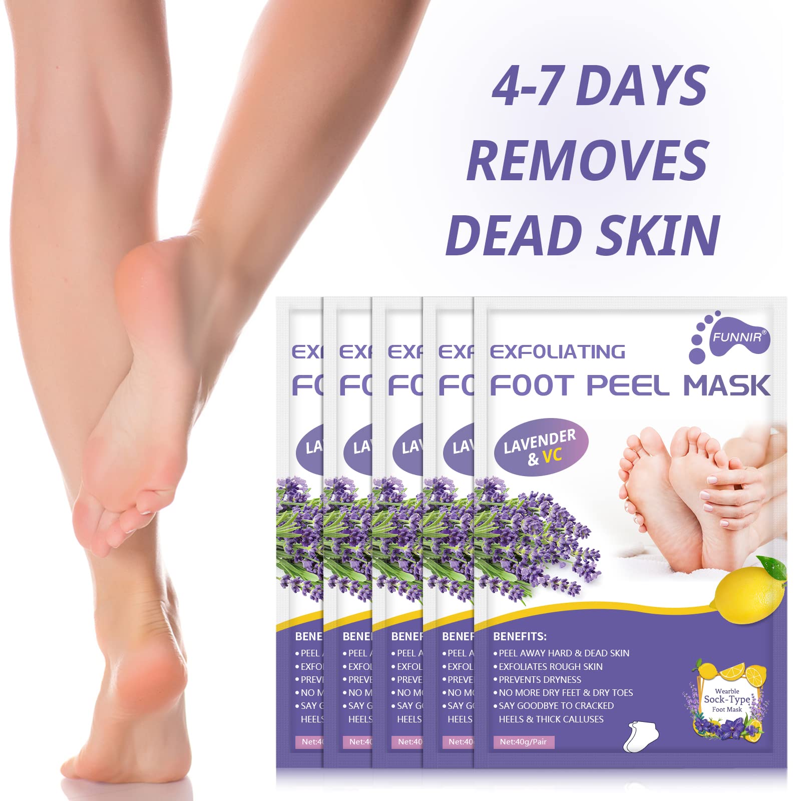 FUNNIR Foot Peeling Mask before-after visual emphasizes smoother heels and soft skin.