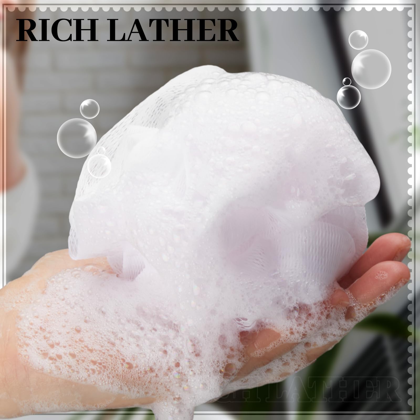 Funnymoom PE-material loofah offers soft, durable exfoliation.