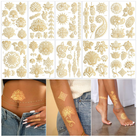 FUNTATTOO 10-sheet gold henna tattoo kit for easy DIY body art.