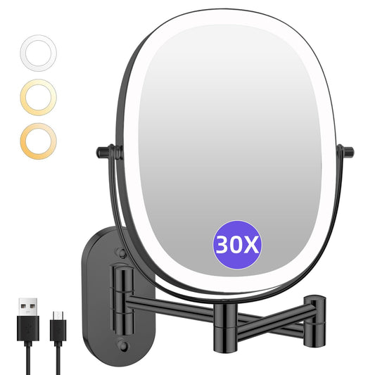 FUNTOUCH 30x/1x wall-mounted magnifying mirror with light for precise makeup and skincare routines.