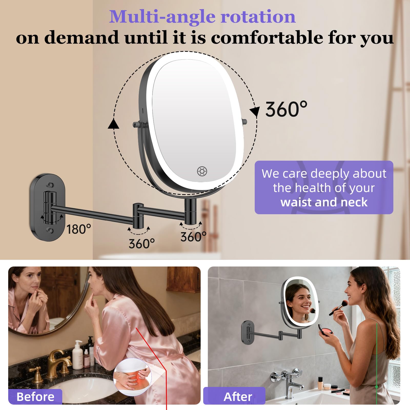 FUNTOUCH 360-degree rotation wall mirror for quick angle changes during grooming.