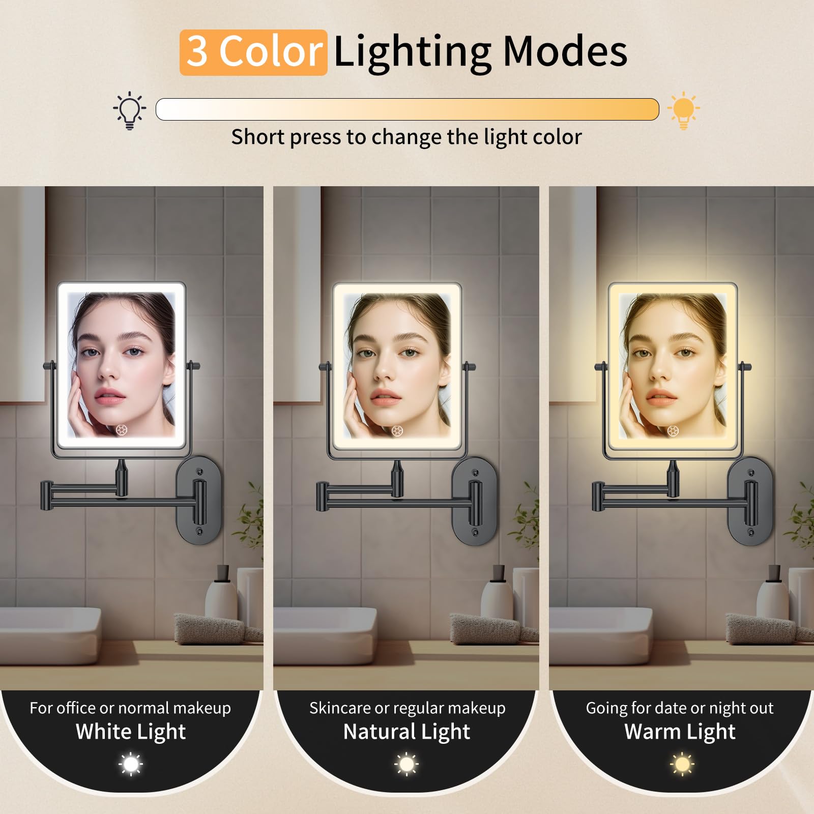 FUNTOUCH 360-degree rotation for easy viewing during makeup or shaving.