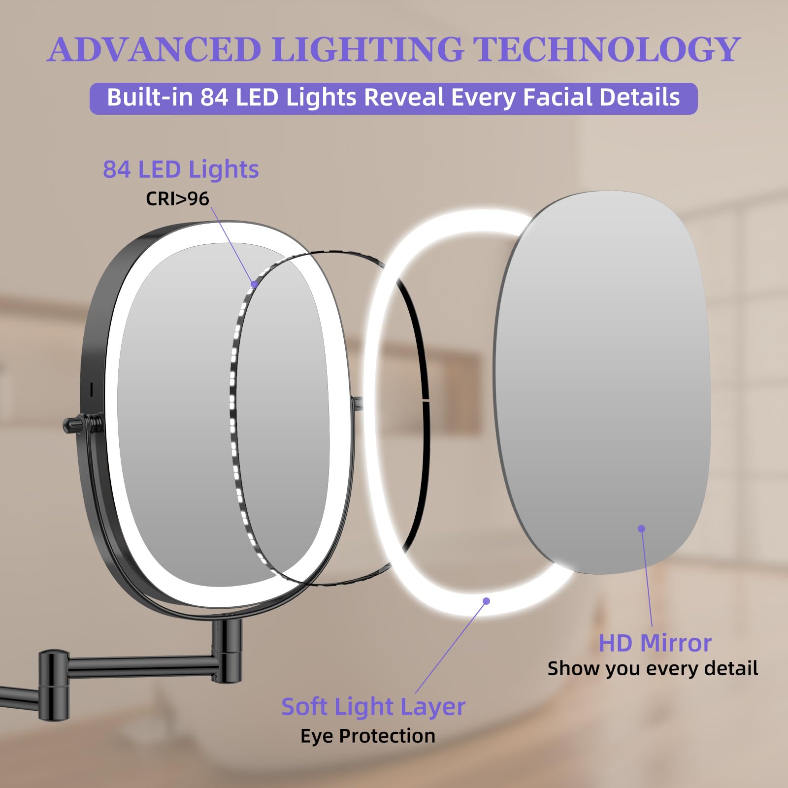 FUNTOUCH dimmable 3-color light to match room mood and makeup needs.