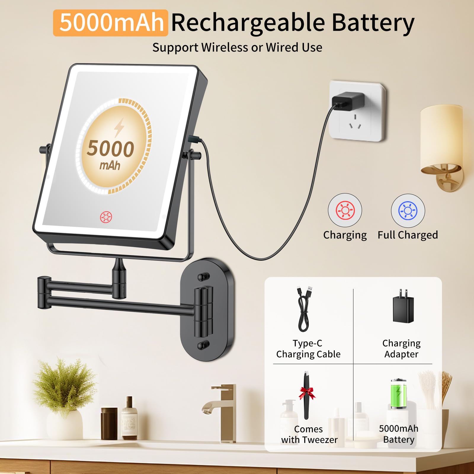 FUNTOUCH double-sided mirror shows full face on 1X and fine detail on 30X.