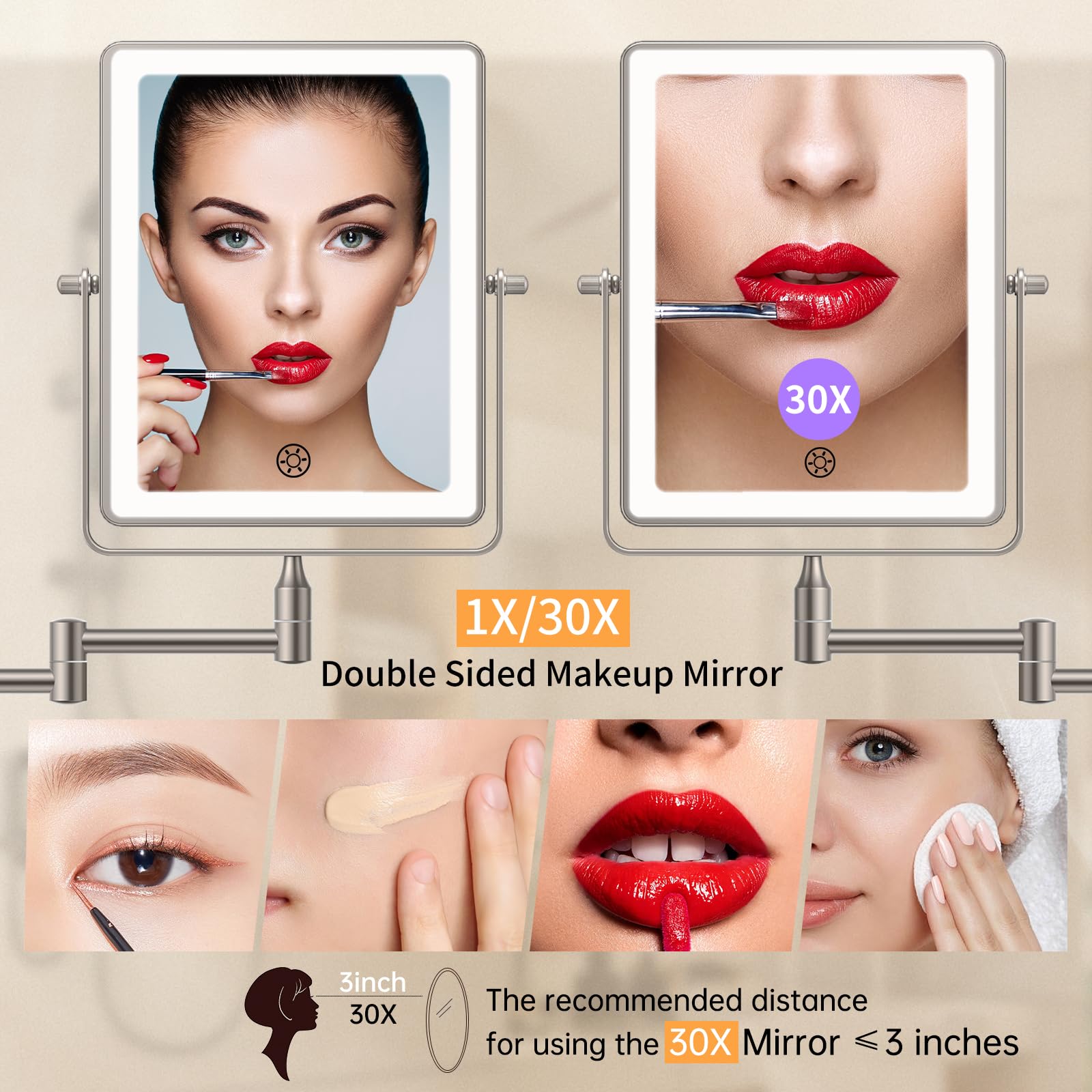 FUNTOUCH extendable swing arm allows flexible positioning for easy makeup.