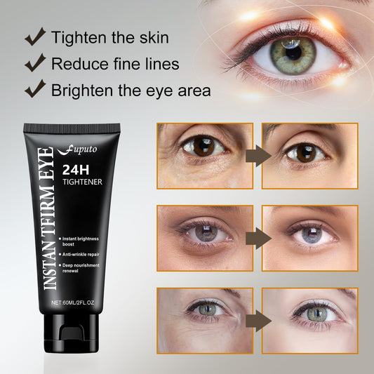 Fuputo eye tightener cream application closeup illustrating easy dab-on for instant hydration.