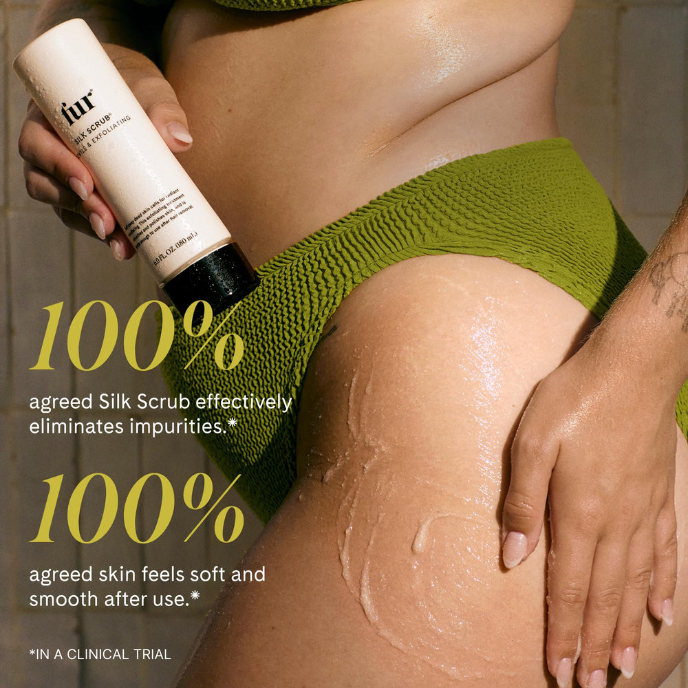 Fur Silk Scrub in shower-use scene emphasizes quick, spa-like self-care.