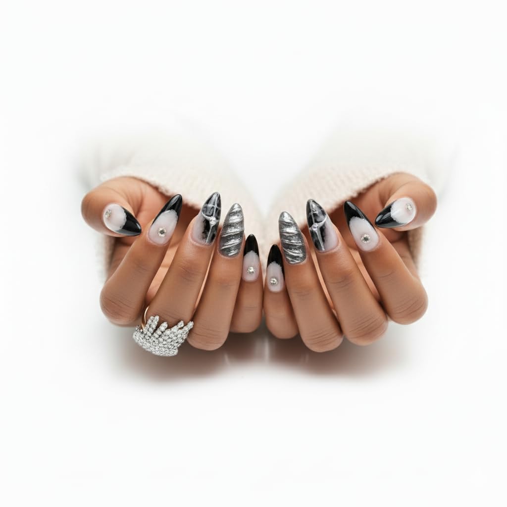 FURNUNUBI 3D gothic metallic nails; dramatic two-tone gray and black finish