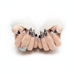 FURNUNUBI almond nails in black and grey two-tone for modern, versatile style.
