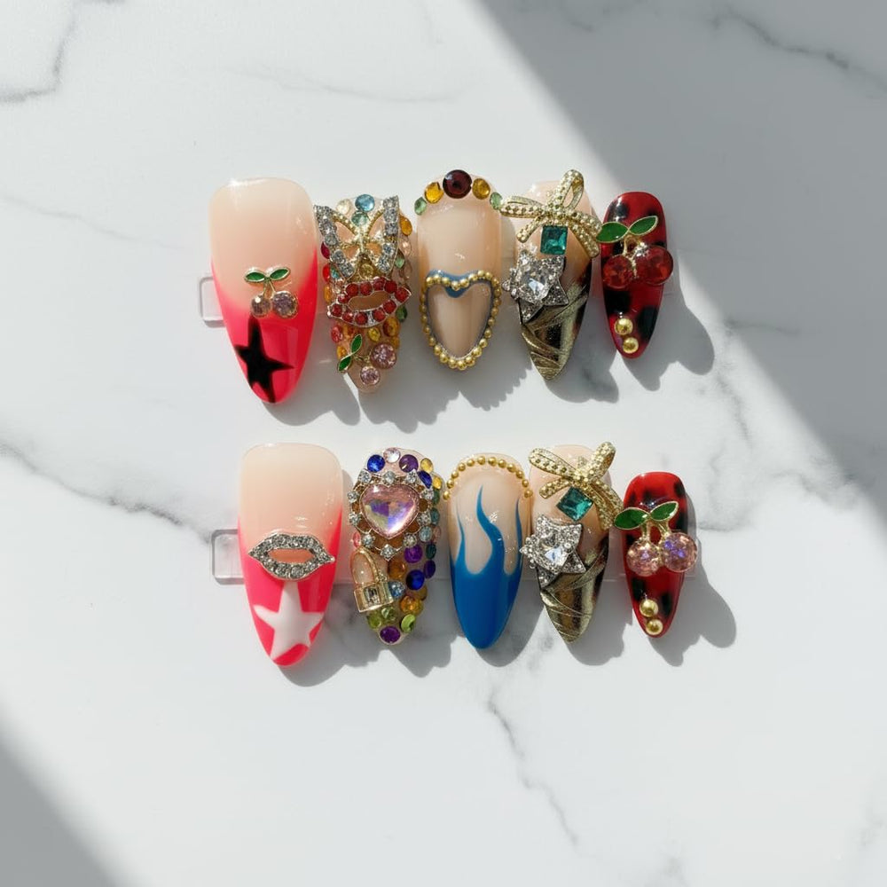 Furnunubi almond press-on nails with 3D heart and star accents for stylish evenings.