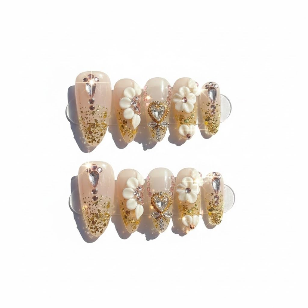 FURNUNUBI almond press-on nails with gold glitter add radiant shine for any occasion.
