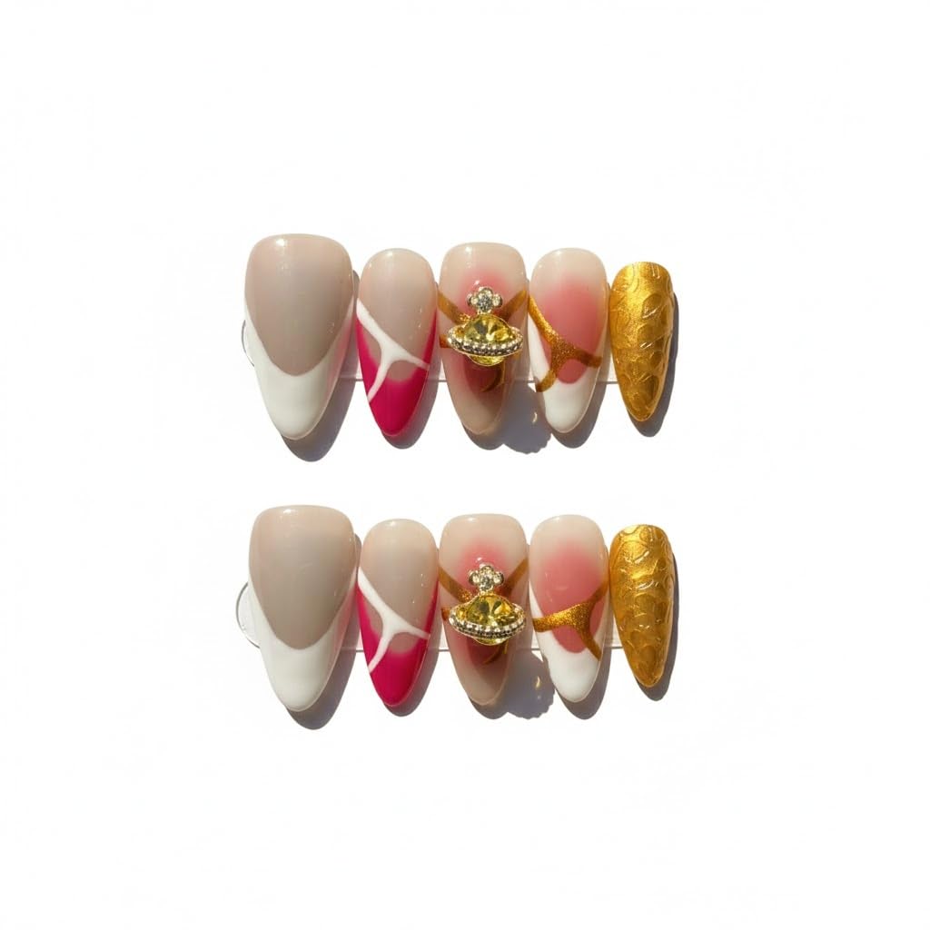 FURNUNUBI almond press-on nails with 3D Saturn jewel for a luxe upgrade.
