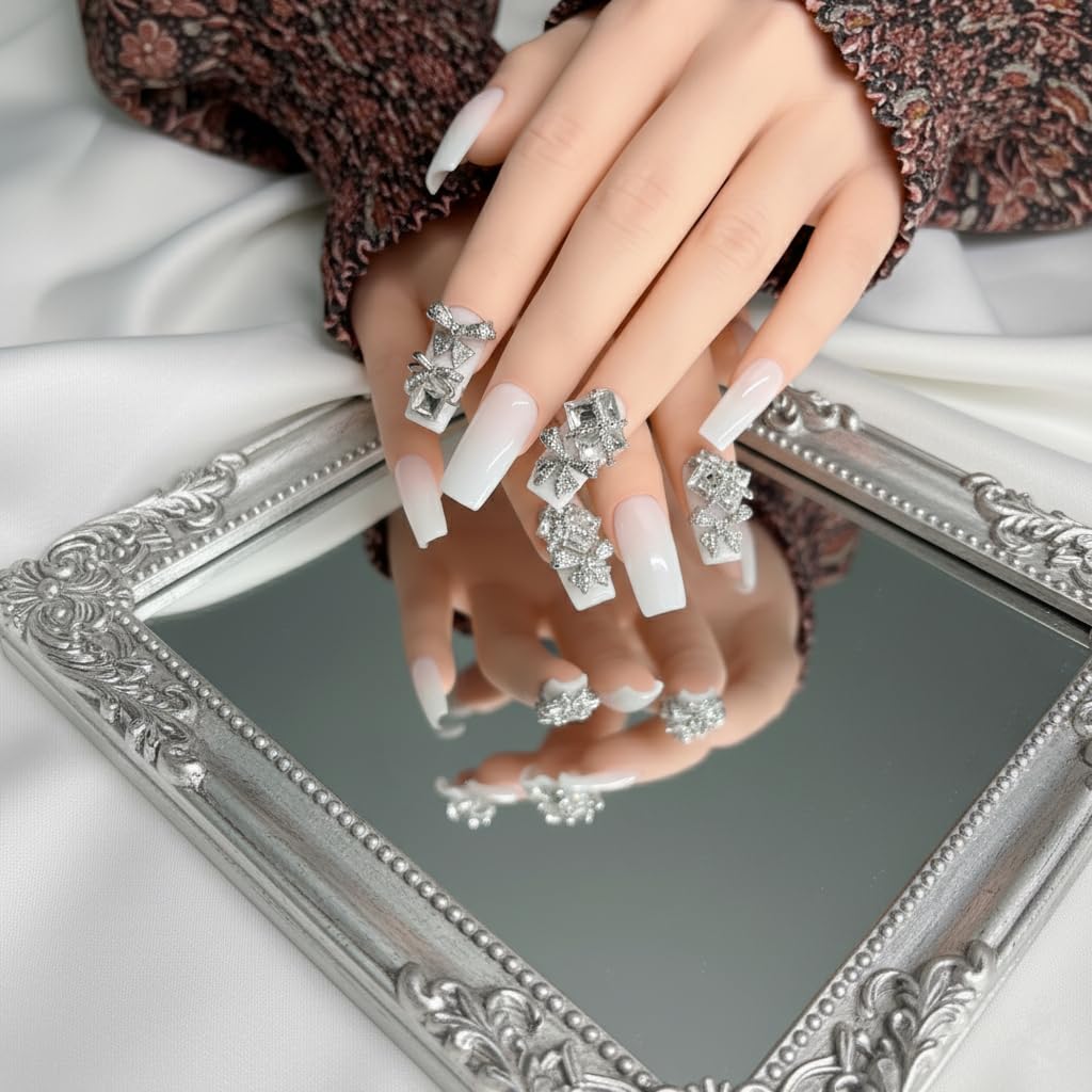 FURNUNUBI handmade square press-on nails in ivory white with crystal bows for elegant events
