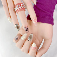 FURNUNUBI pressed-on nails being worn on hands, comfortable short almond silhouette