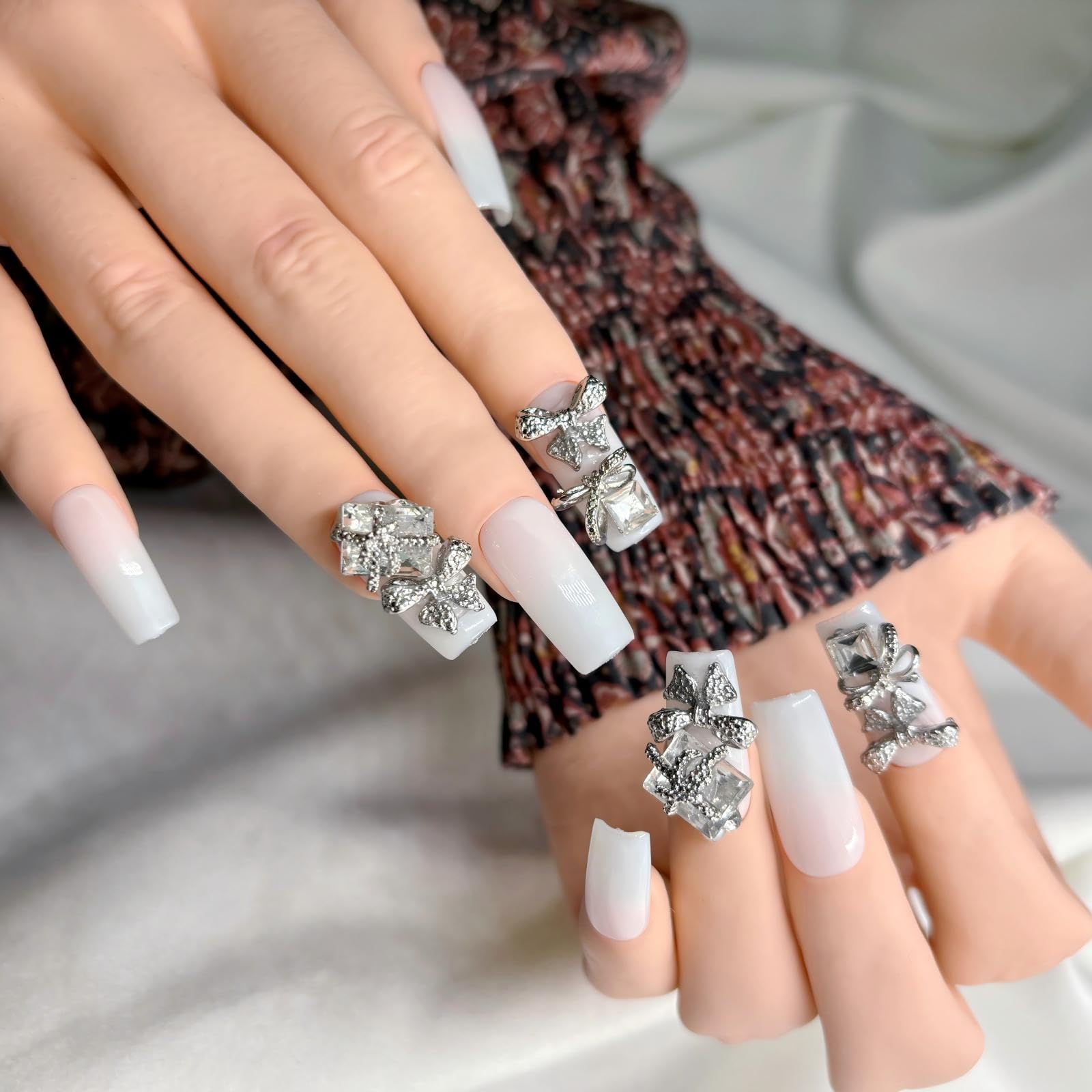 FURNUNUBI ivory white press-ons showcasing 3D jewels for glamorous everyday wear
