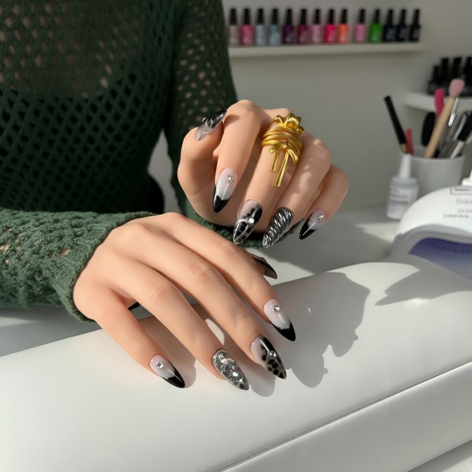FURNUNUBI nails with rhinestones detail; stylish sparkle and accent