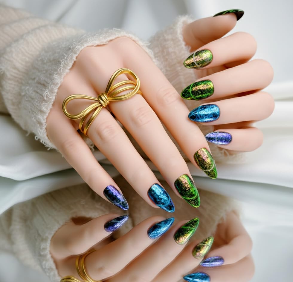 FURNUNUBI side profile of almond-shaped press-on nails illustrating sleek, elongating silhouette