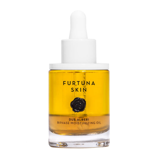 Furtuna Skin Biphase Moisturizing Oil bottle on display, promising hydration for radiant skin.