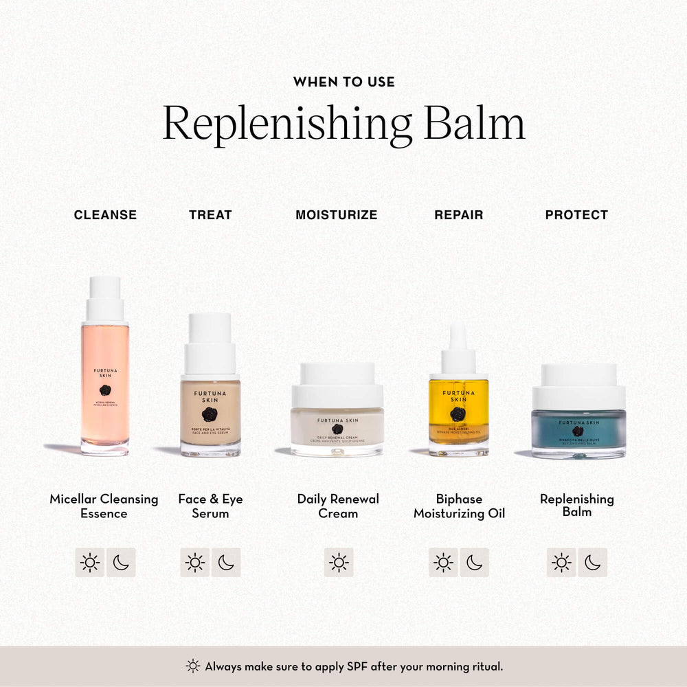 Furtuna Skin Rinascita Olive Replenishing Balm ingredients blend with hawthorn and St. John's Wort.