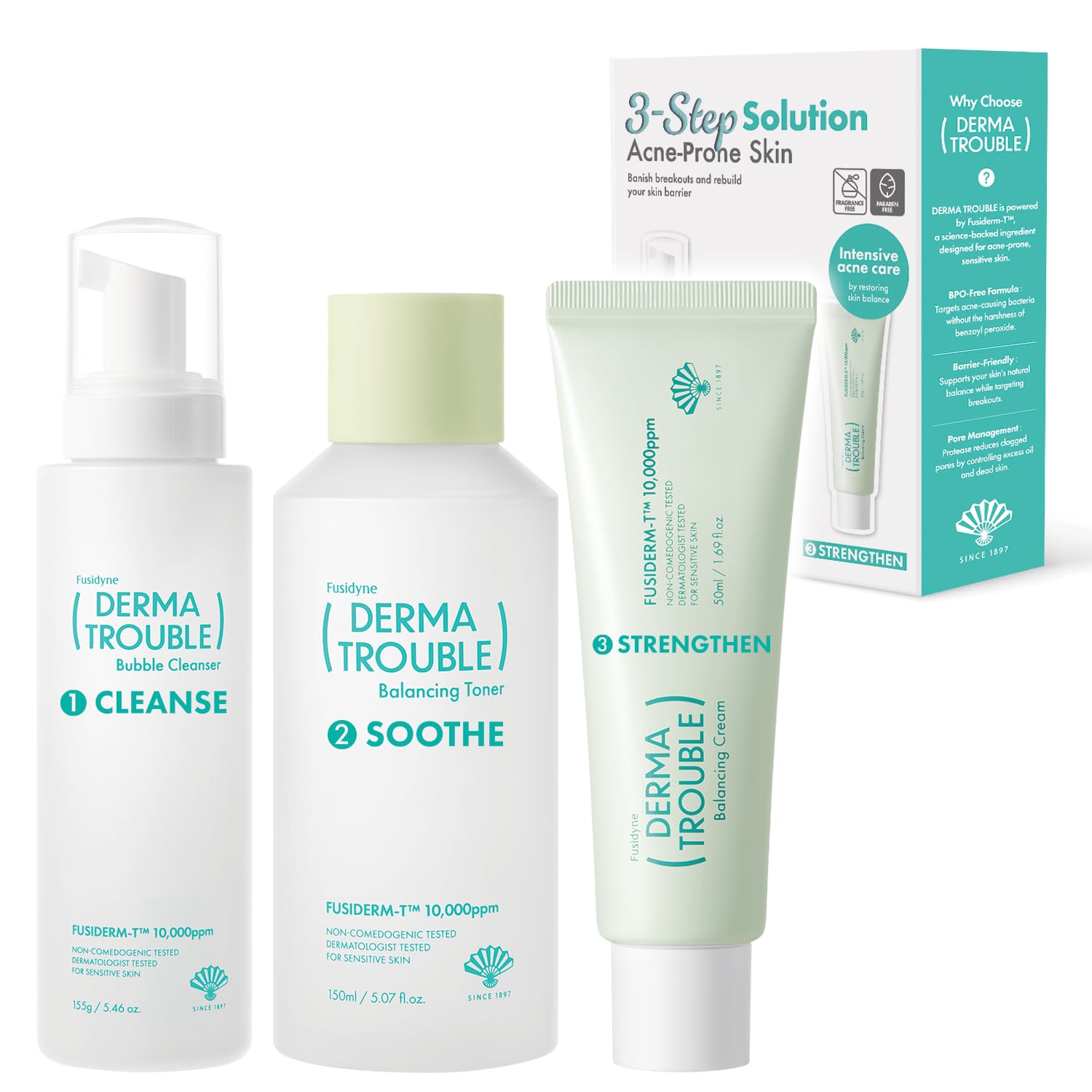 FUSIDYNE Derma Trouble Balancing Cream bottle with soothing texture for sensitive skin.