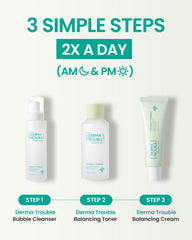 Packaging of the FUSIDYNE Derma Trouble Balancing kit with three-step routine.