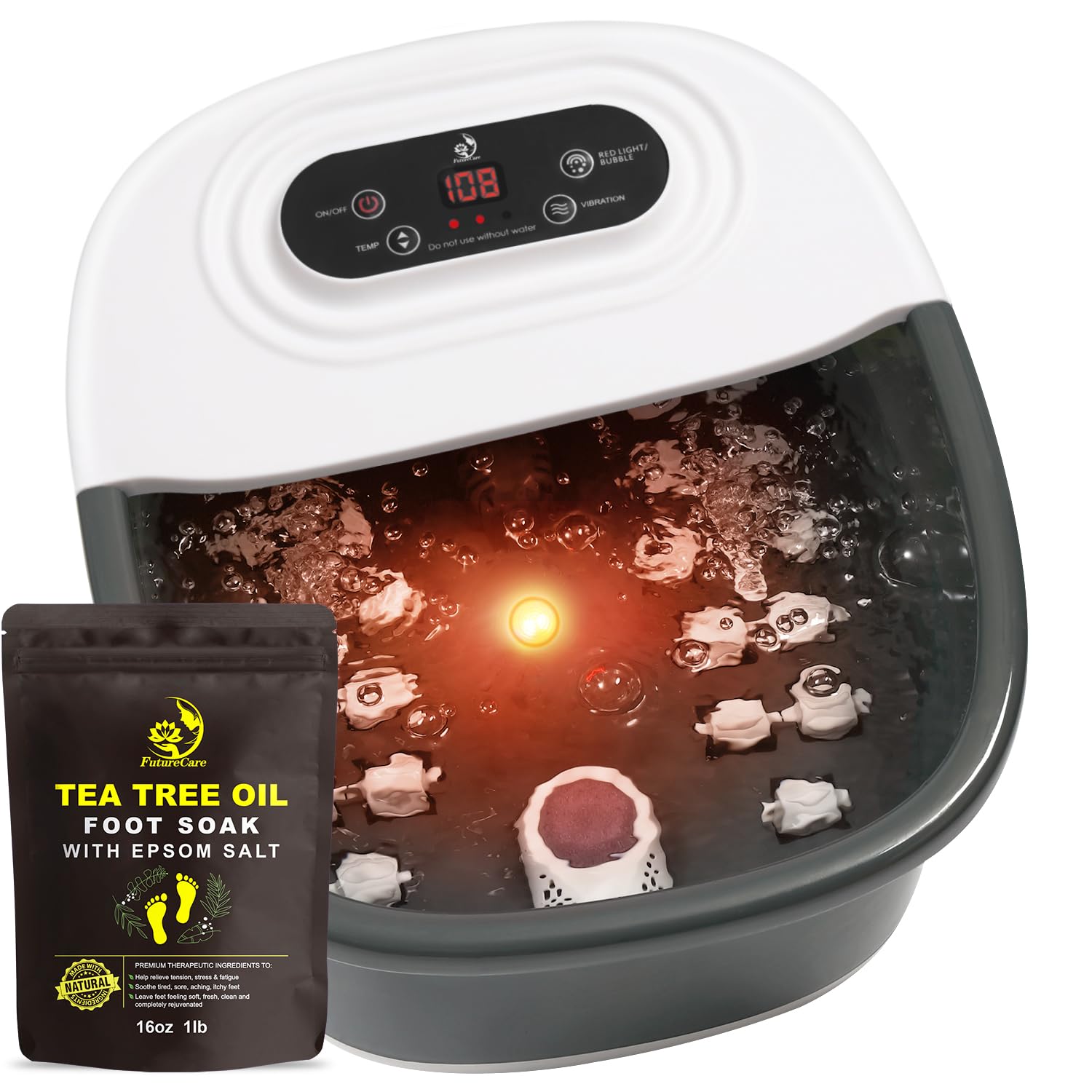 FutureCare foot spa with 22 rollers targets acupressure points for relaxation.