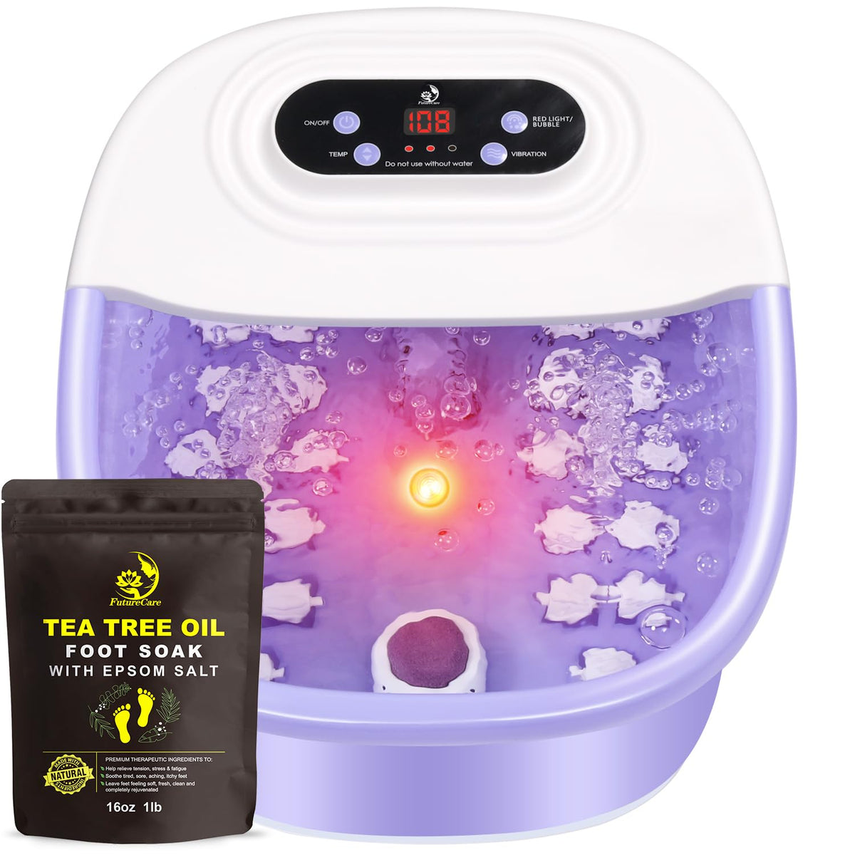 FutureCare foot spa heat-bubbles-jet demonstrates fast warming and soothing at-home massage.