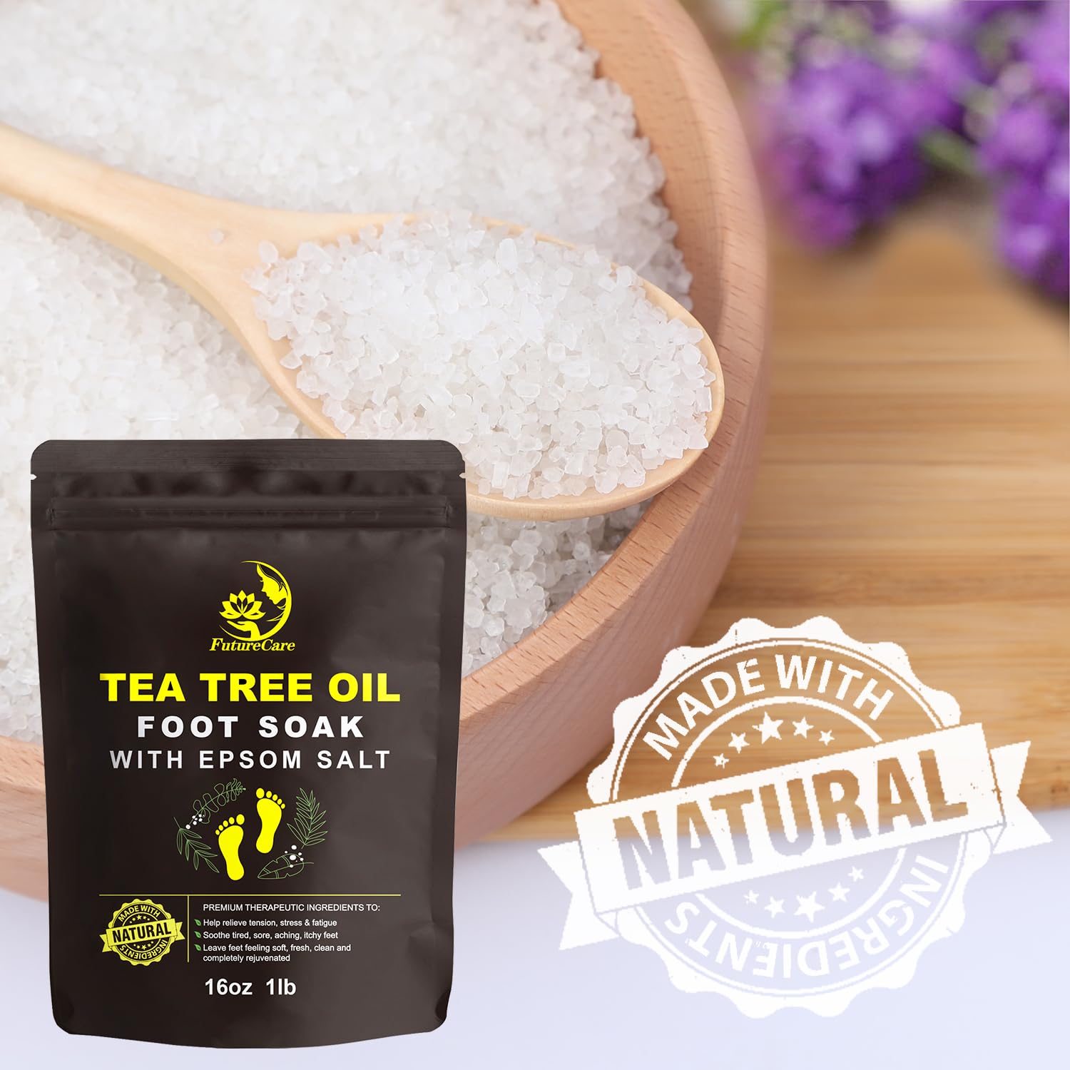FutureCare tea tree oil foot soak with epsom salt softens skin and refreshes.