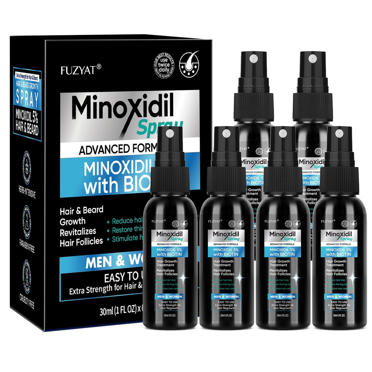 The FUZYAT 5% Minoxidil spray bottle demonstrates hair growth support.