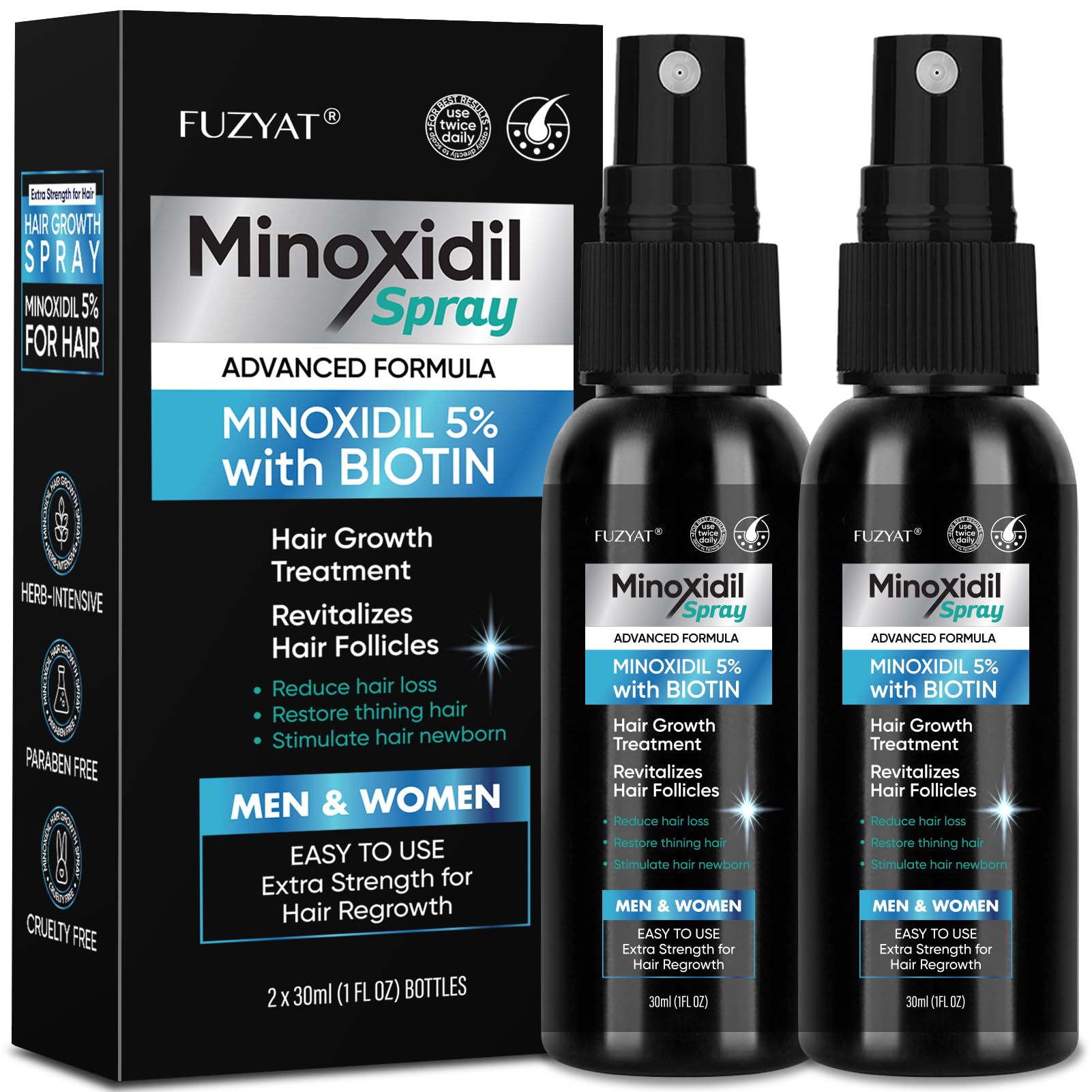 FUZYAT Minoxidil spray bottle for targeted scalp application.
