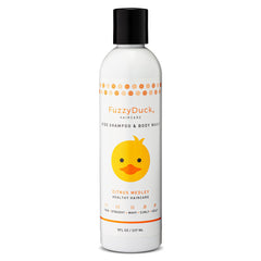 FuzzyDuck kids tear-free shampoo bottle front showing gentle bath time