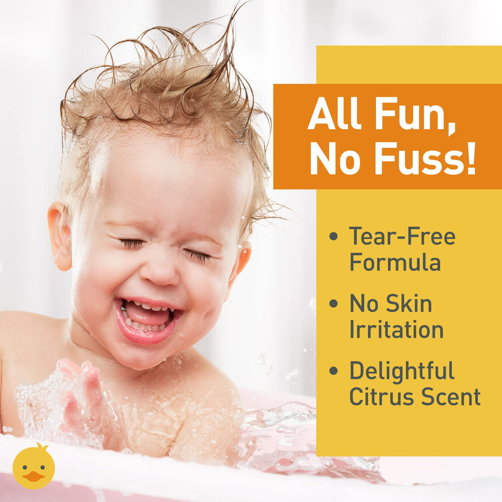 FuzzyDuck kids tear-free shampoo label visible highlighting natural ingredients