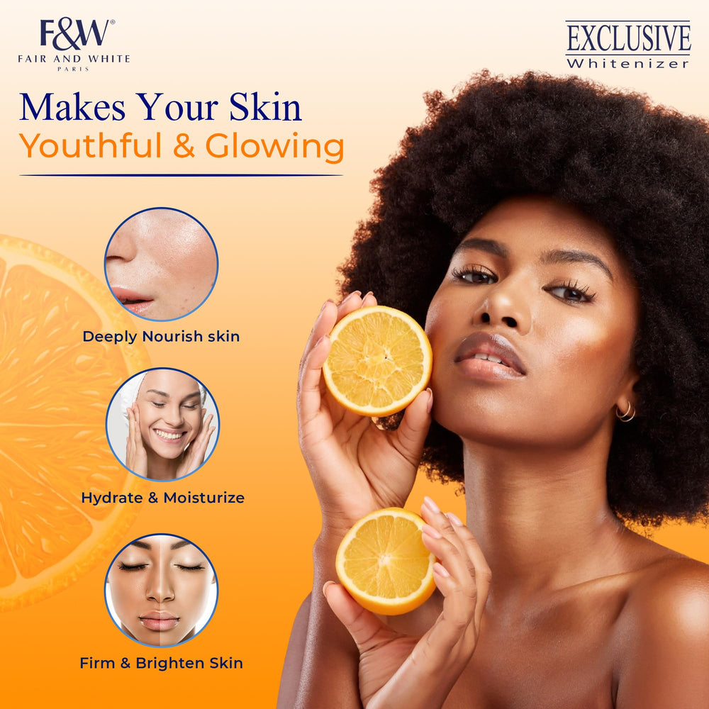 Fair & White Exclusive serum packaging front, premium presentation on shelf.