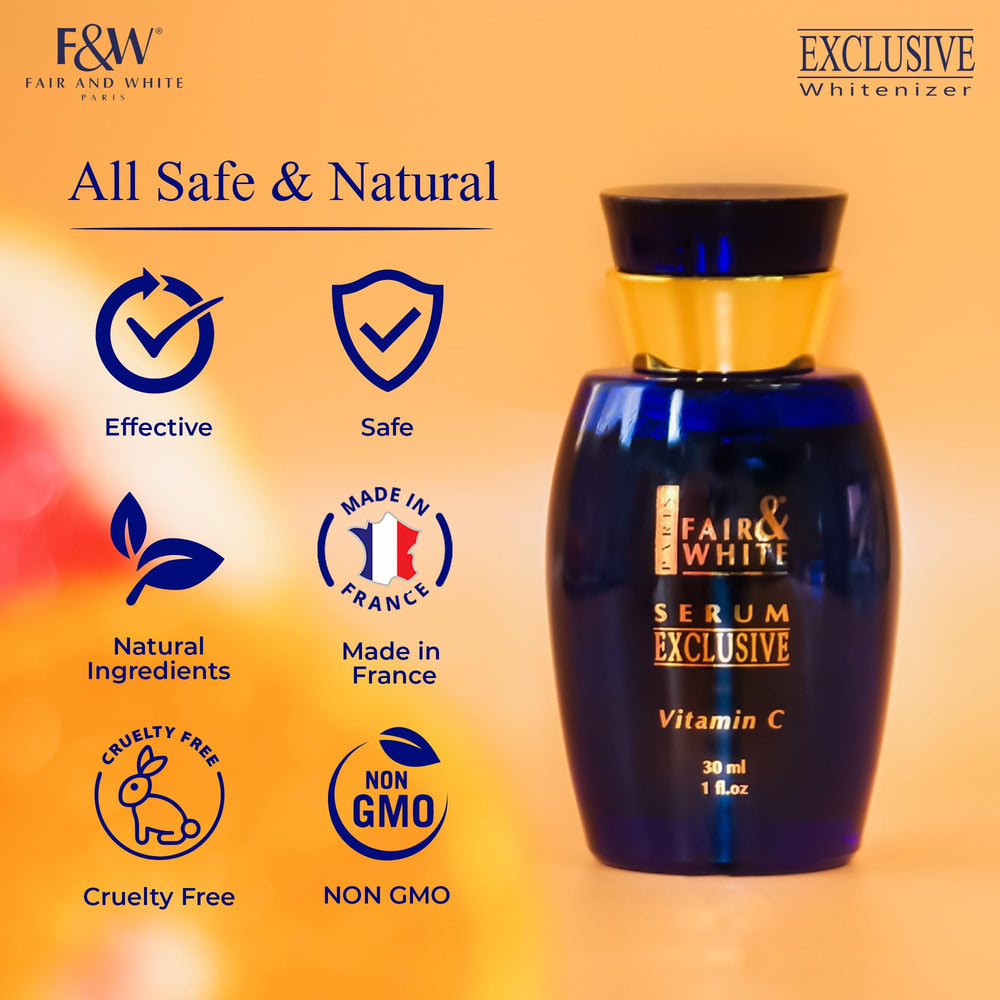 Fair & White Exclusive Vitamin C Serum swatch on skin, revealing subtle glow.