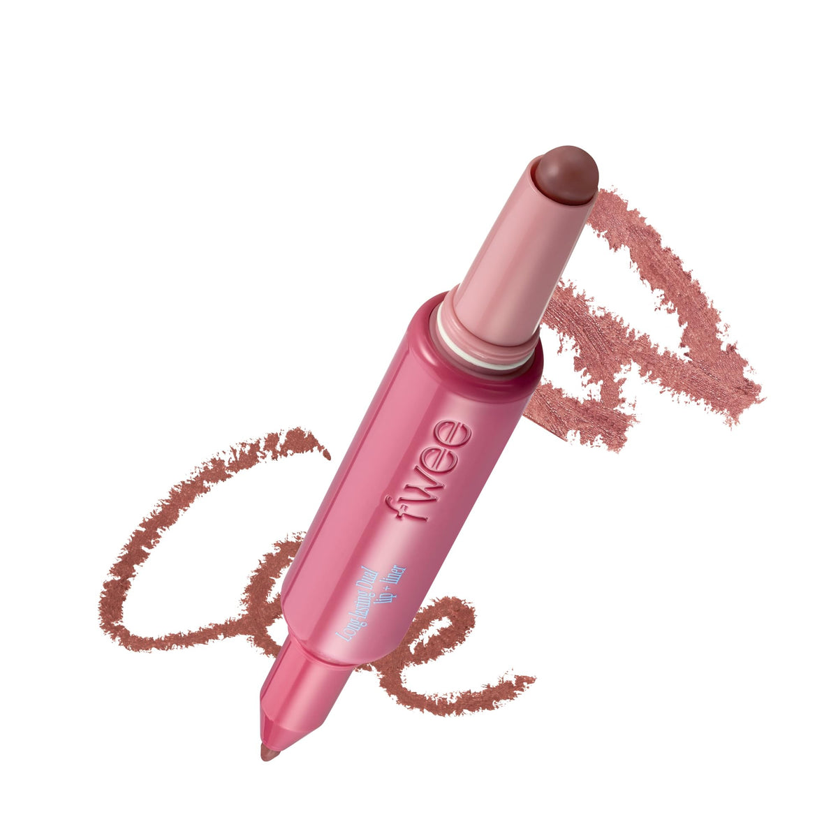 Fwee Lip Service dual coloring lip liner on lips for long-lasting definition.