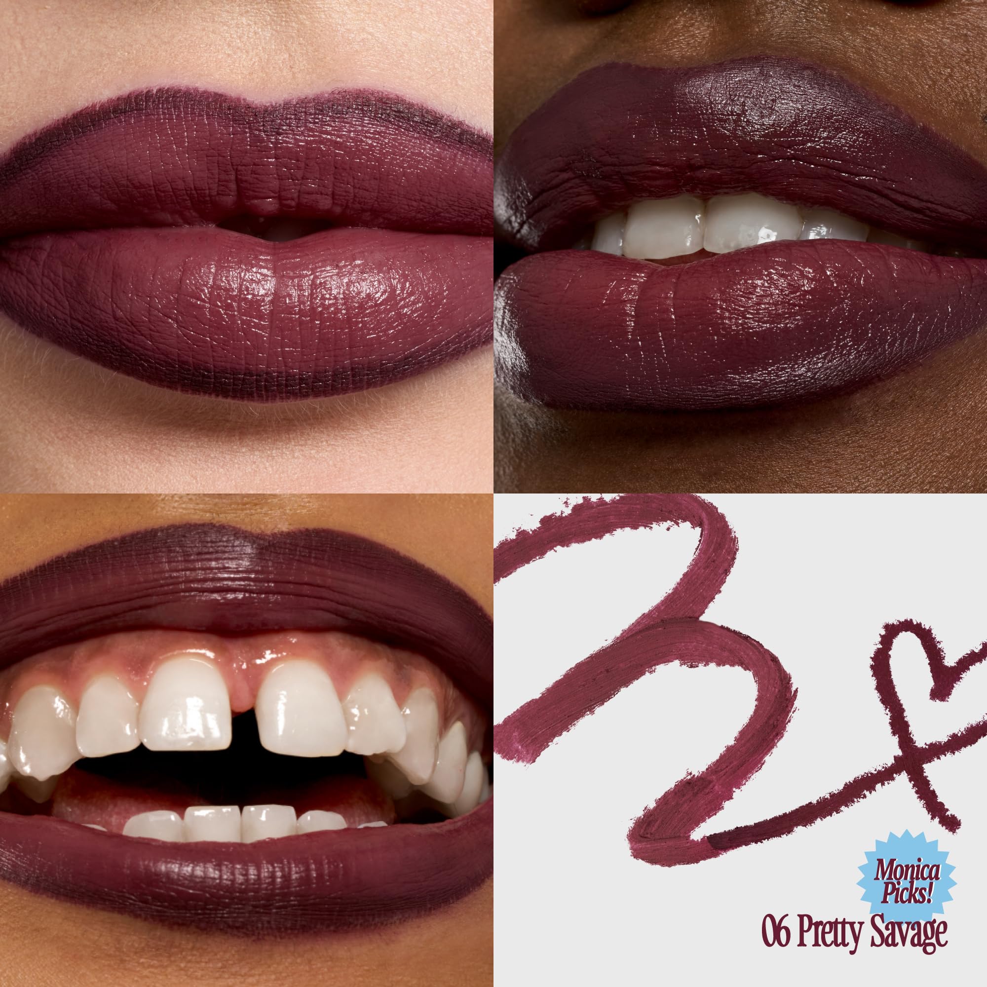 Fwee Satin finish in deep purple delivers rich, buildable lip color and shine.