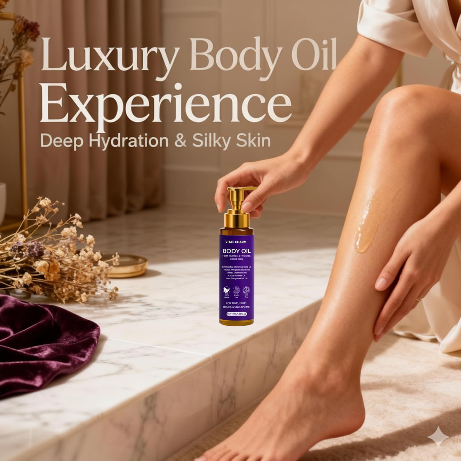 FWPTEI Vitae Charm body-oil-massage demonstrates quick absorption for a comfortable post-shower ritual