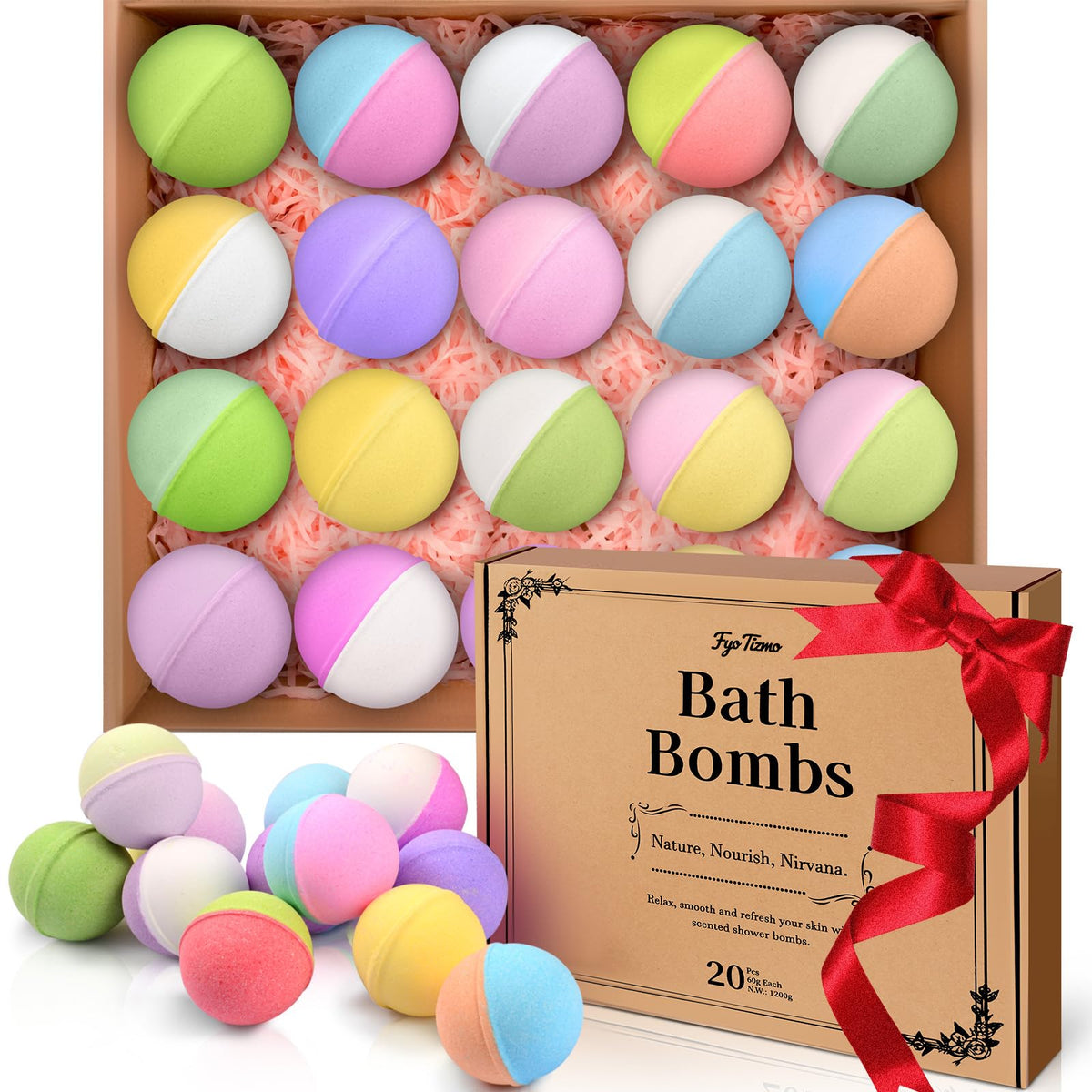 Fyo Tizmo 20 pack gift setBath bombs display in vibrant colors for home spa moments