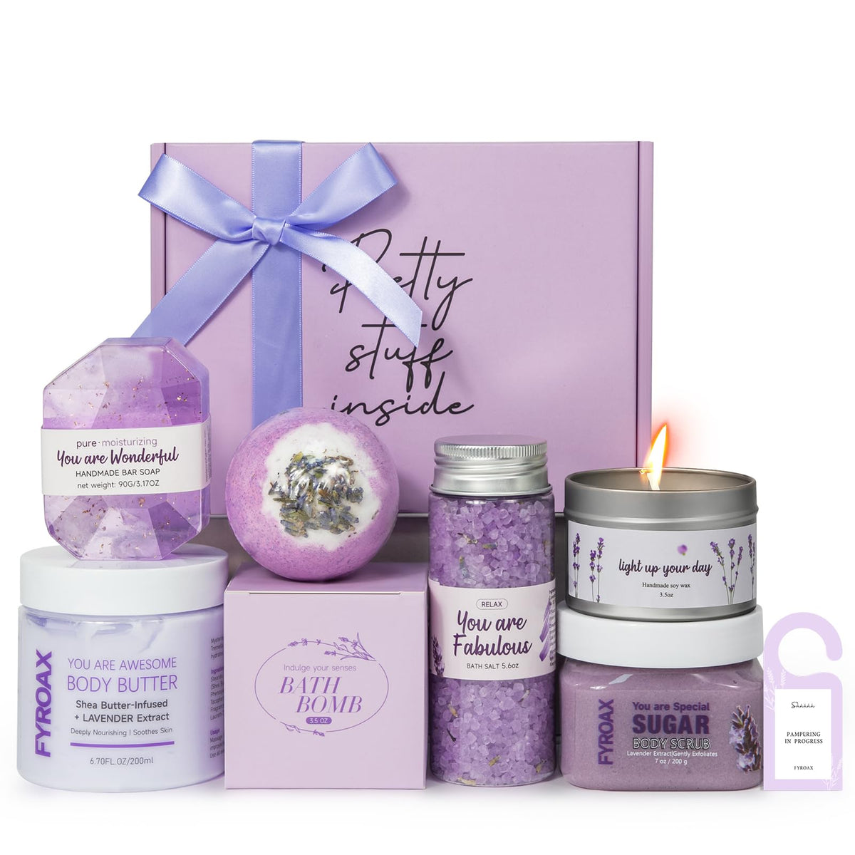 Fyroax spa gifts for women 7-pcs kit lavender for at-home relaxation and pampering.