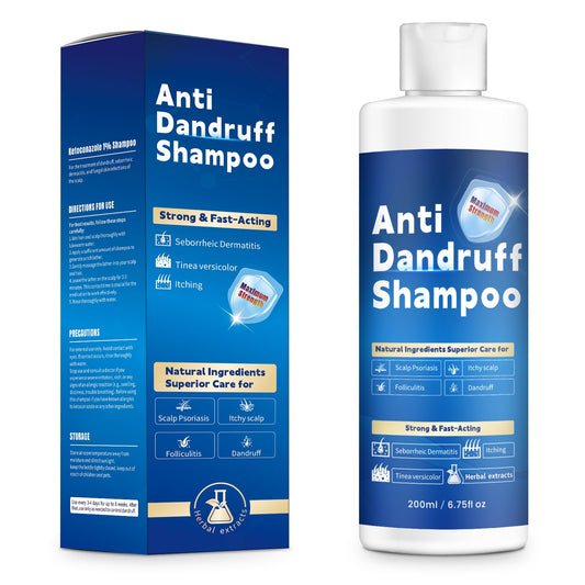 FYZMTL anti-dandruff shampoo bottle promoting flake relief and healthy scalp.