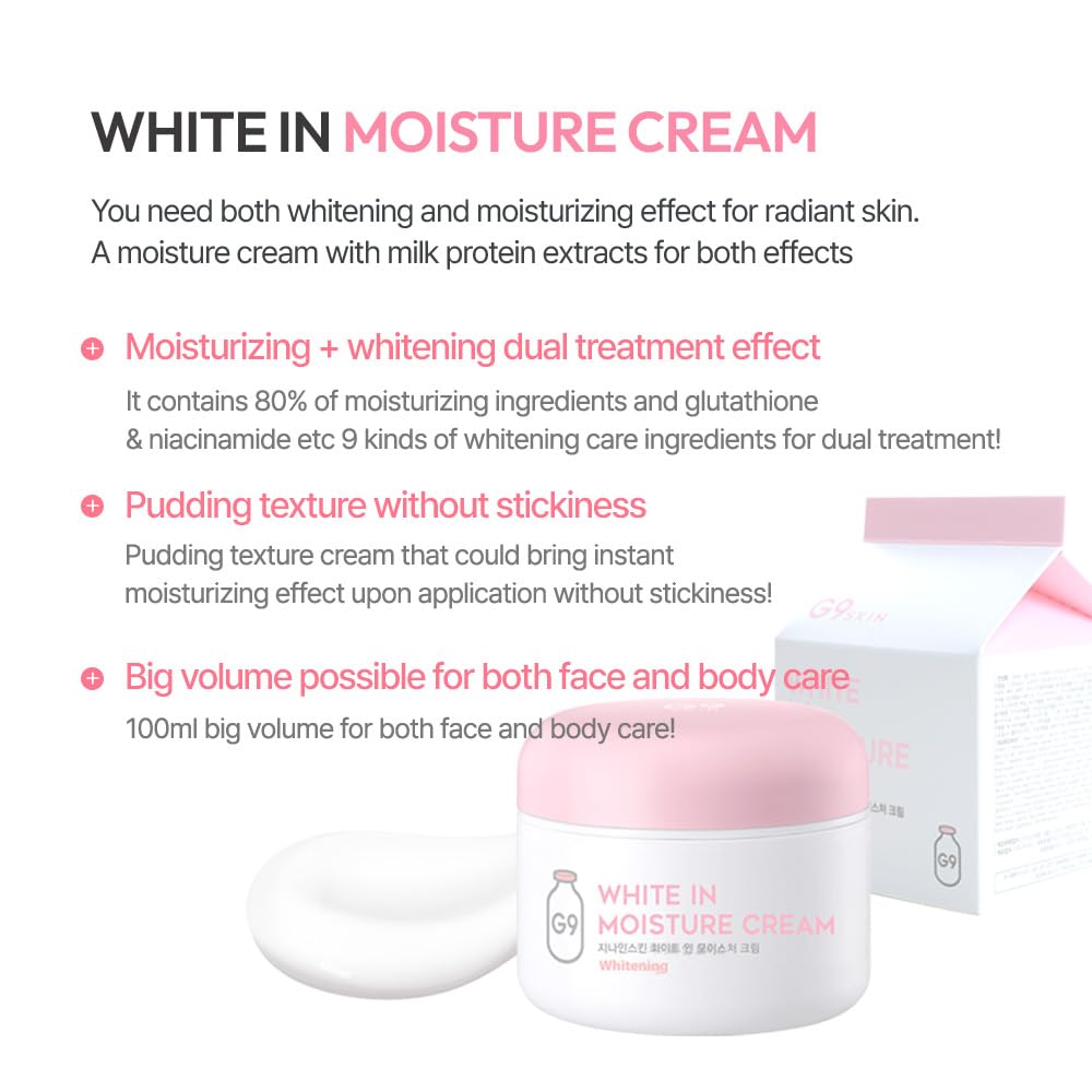 G9SKIN White In Moisture Cream body application—hydration for dry, rough areas.