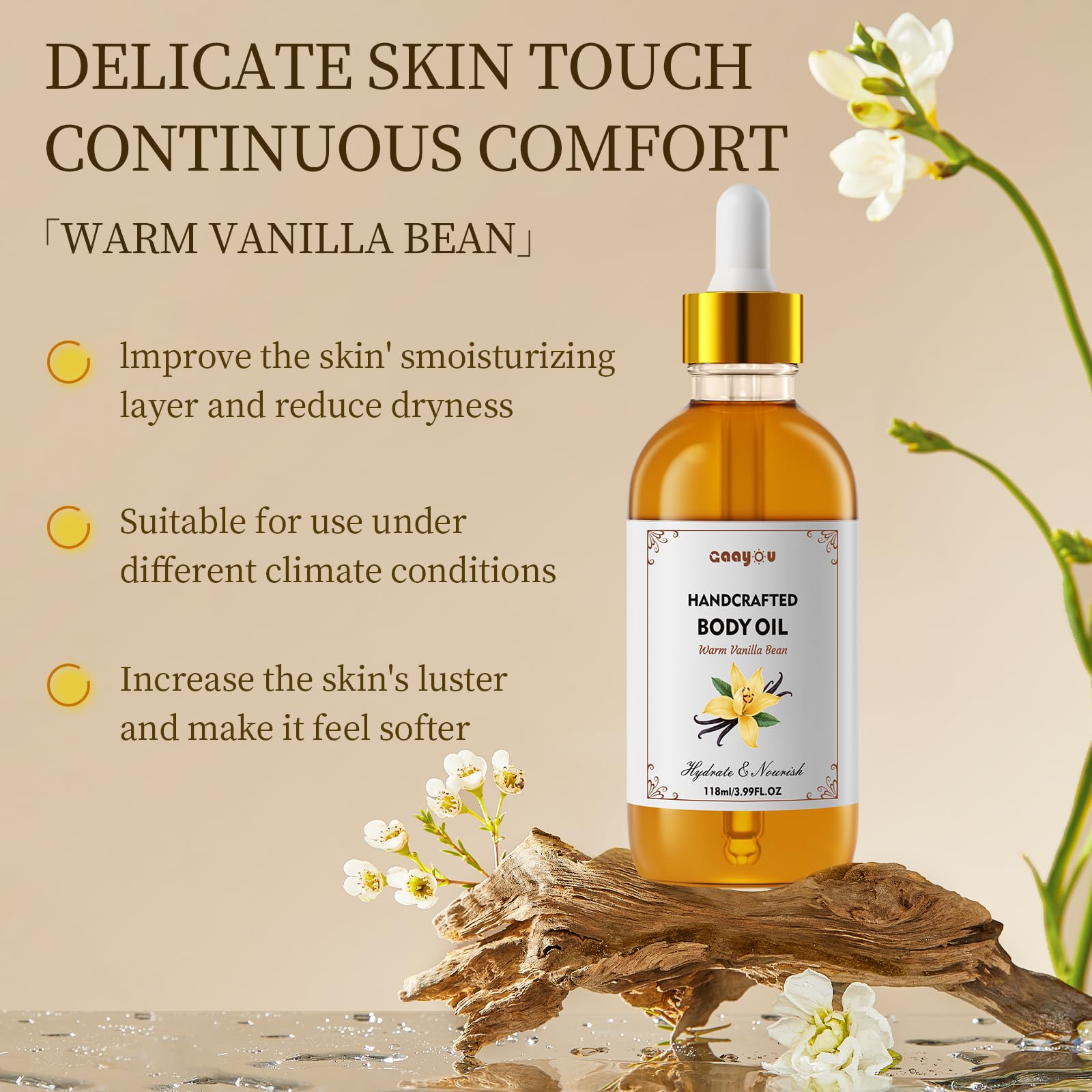 Gaayou Warm Vanilla Bean Oil dropper enables precise, mess-free application.