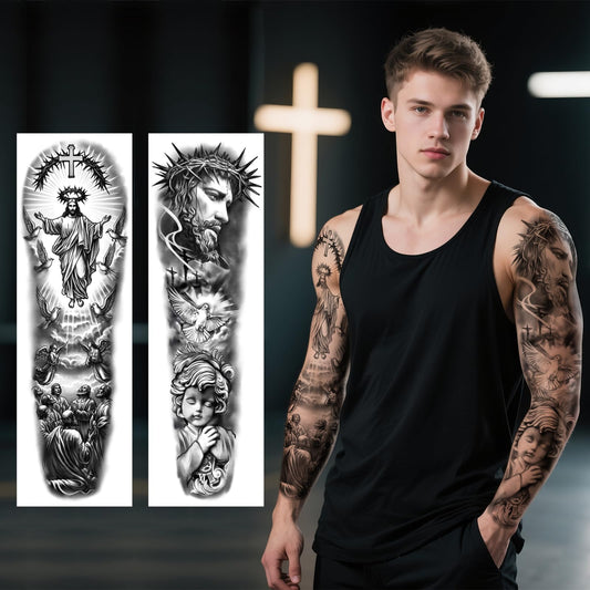Gabizafia full-arm sleeve angels and dove tattoo for peaceful spiritual style.
