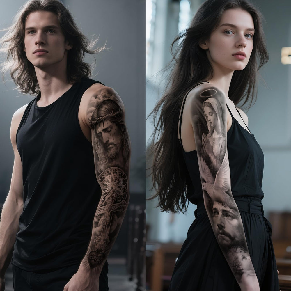 Gabizafia full-arm sleeve Bible verse tattoo for meaningful daily wear.